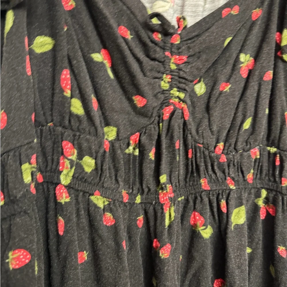 Black Floral Midi Dress with Red Strawberry Print - Picture 2 of 4